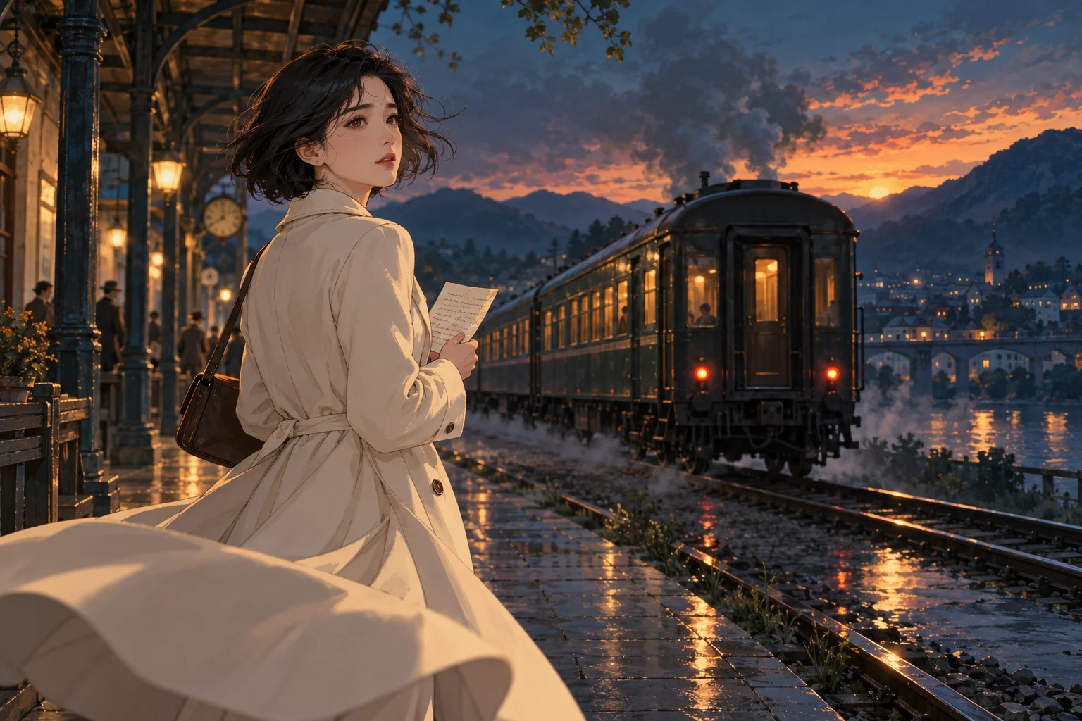 AI-generated anime character at a twilight railway platform