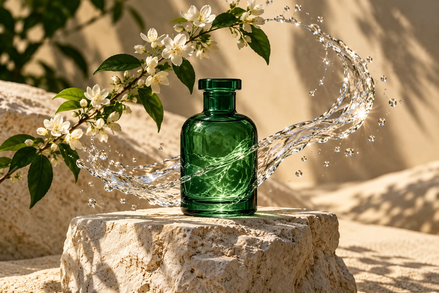 AI-generated creative product image with green glass and water