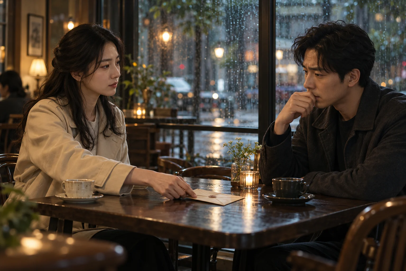 AI-generated short-drama still in a rainy cafe